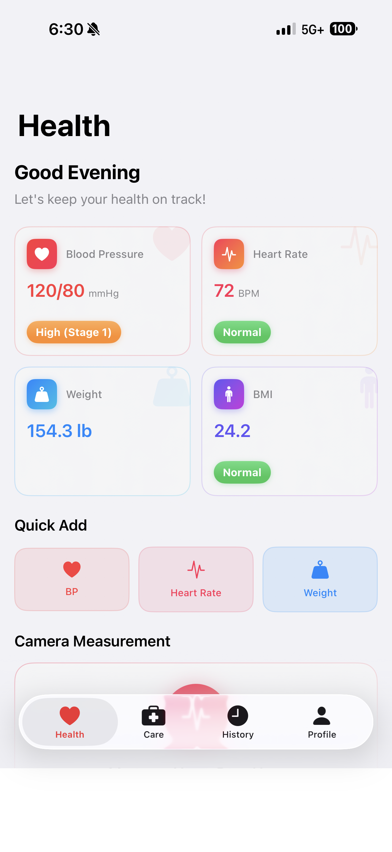 App home screen showing blood pressure, heart rate, weight and BMI readings