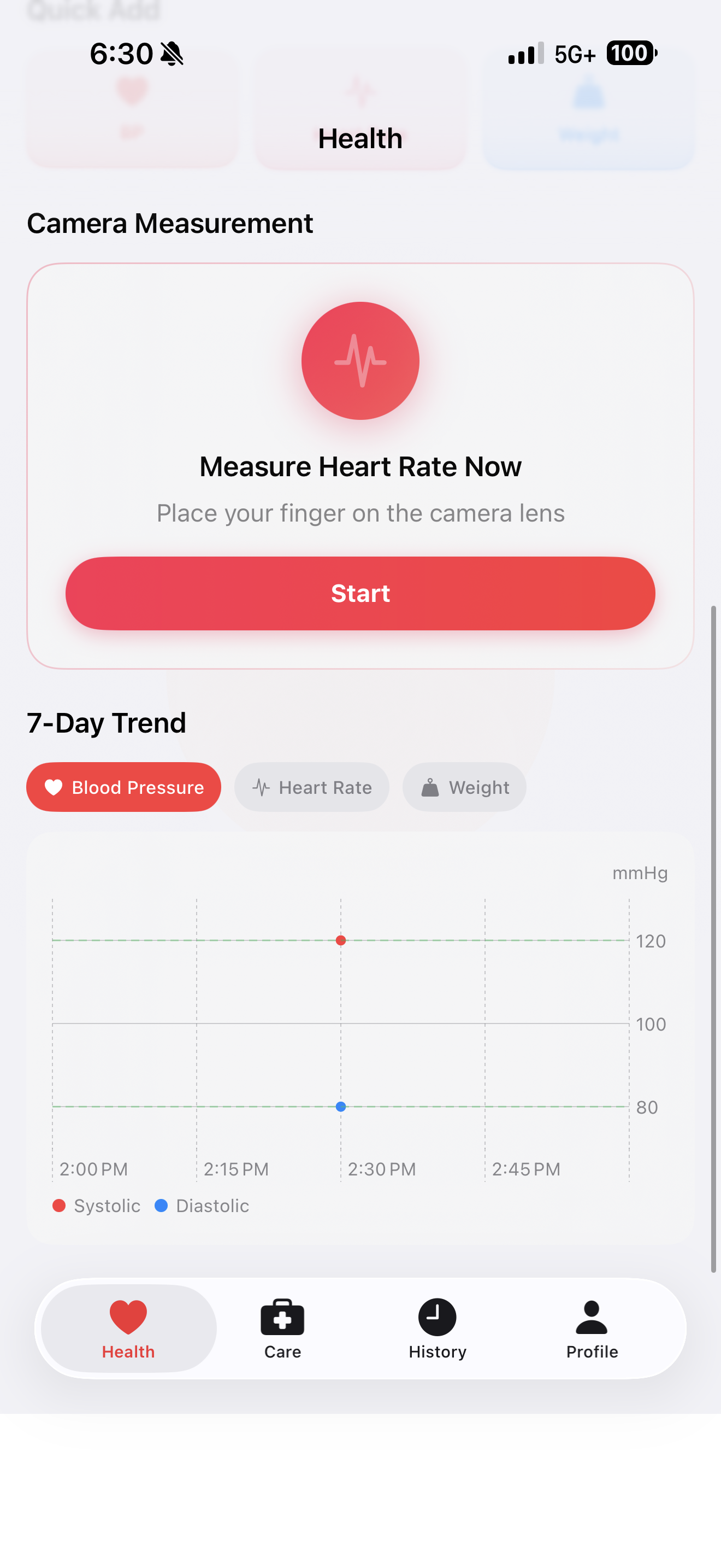 App screen showing camera heart rate measurement and 7-day trend chart